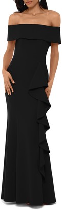 Betsy & Adam Off the Shoulder Front Ruffle Scuba Crepe Gown