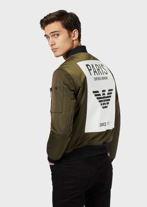 Emporio Armani Padded Bomber In Nylon Satin With City Maxi Patches