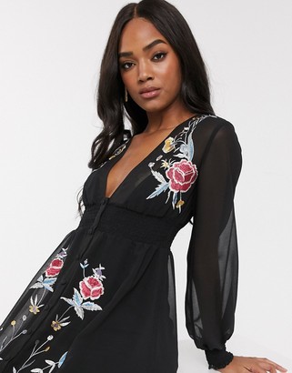 ASOS DESIGN DESIGN embroidered long sleeve button through midi dress with shirred waist in black