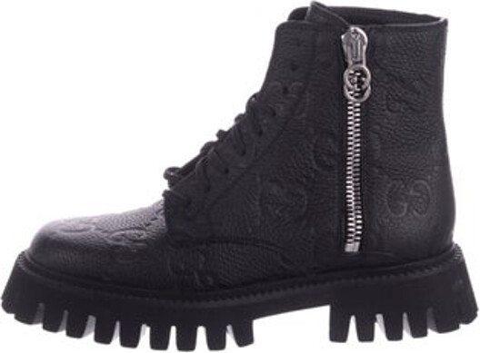 Gucci Leather Ankle Combat Boots Black GG Signature Rubber Trim Round-Toes Exposed Zip Closure at Sides