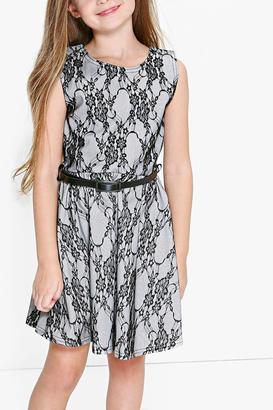 boohoo Girls All Over Lace Belted Skater Dress