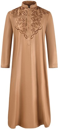 hellomiko Muslim Men Jubba Thobe Long Sleeve Solid Color Breathable Robes Stand Collar Islamic Arabic Kaftan Men Abaya S-XXXL Brown