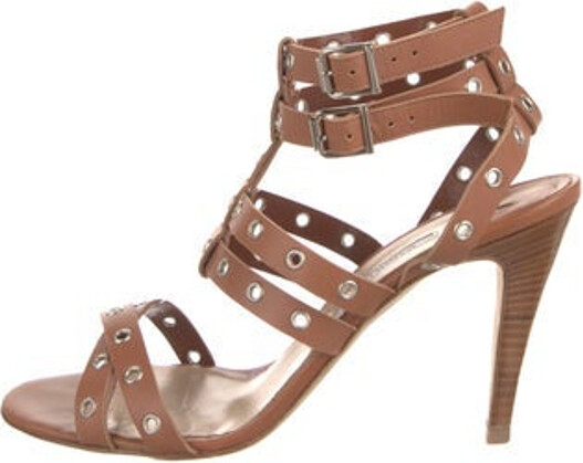 Manolo Blahnik Leather Gladiator Sandals Brown Studded Accents Multistrap & Buckle Closure at Ankles Includes Box & Dust Bag