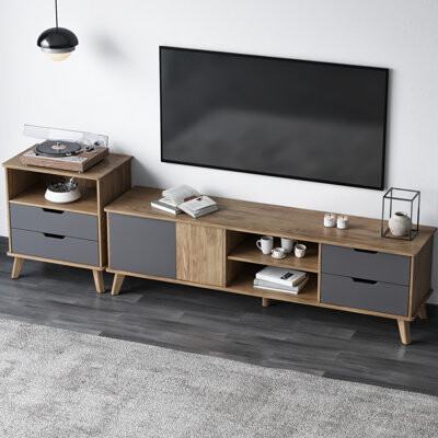 George Oliver Mid Century TV Cabinet And Side Table Set Of 22 Piece Living Room Table SetTV Stand Entertainment Center