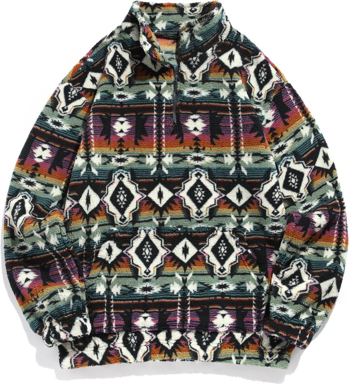 ZAFUL Mens 1/4 Zipper Fleece Sherpa Pullover Sweatshirt Ethnic