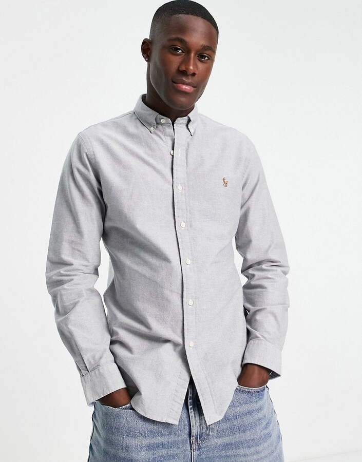 Polo Ralph Lauren icon logo slim fit oxford shirt buttondown in slate gray  - ShopStyle