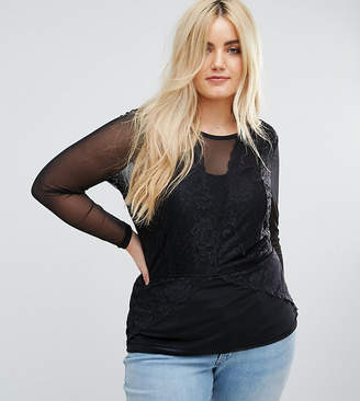 Junarose Lace Insert Woven Top With Mesh Sleeve