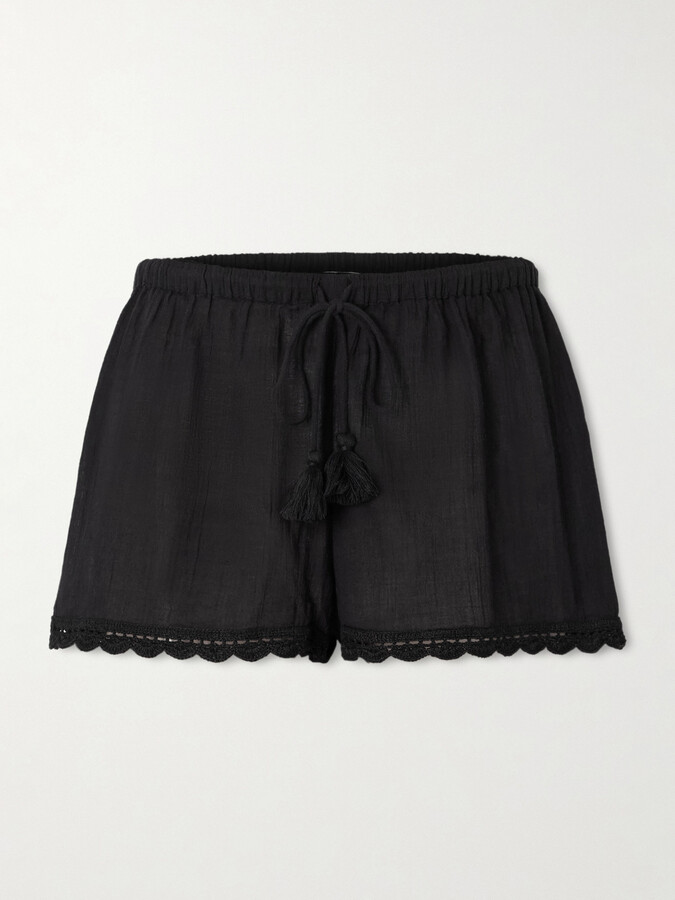 Ulla Johnson - Aran Tasseled Crochet-trimmed Cotton Shorts - Black