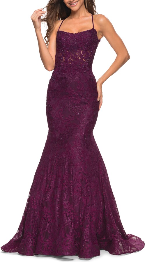 La Femme Mermaid Lace Gown with Sheer Bodice and Open Back