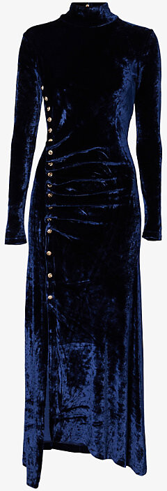 Rabanne Womens Navy Poseidon Velvet High-Neck Stretch-Woven Midi Dress 12