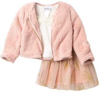 Nicole Miller Lace Yoke Top, Faux Fur Jacket & Tulle Skirt Set (Toddler Girls)