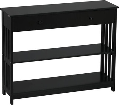 Ebern Designs Console Hallway Table In Black With Extra Wide Drawer 2 Open Shelves And Slatted Wood Frame For Modern Home Renovation Drawer Shelves Stylish Stora