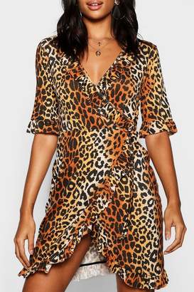 boohoo Tall Leopard Print Ruffle Wrap Dress