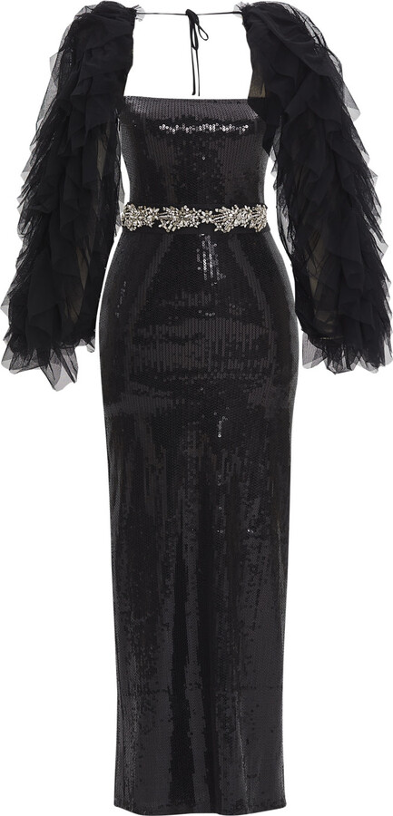By Felizia Sequin Strapless Gown With Tulle Cape In Black