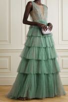 Thumbnail for your product : Marchesa Tiered Crystal-embellished Tulle Gown - Gray green