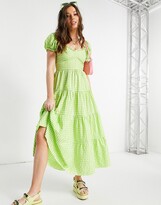 Thumbnail for your product : Stradivarius milkmaid poplin dress with puffed sleeves in green gingham
