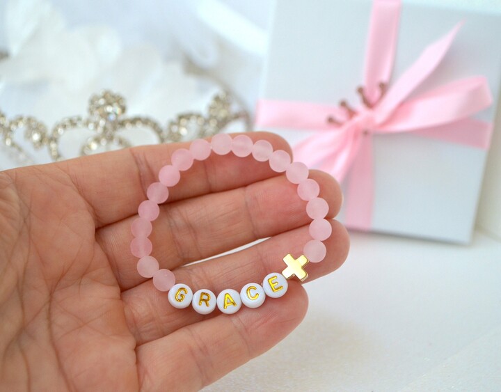 Etsy 18K Gold Cross Girls Bracelet, Rose Quartz Baby Personalized Jewelry, Baptism Gift, Shower Christening, Communion