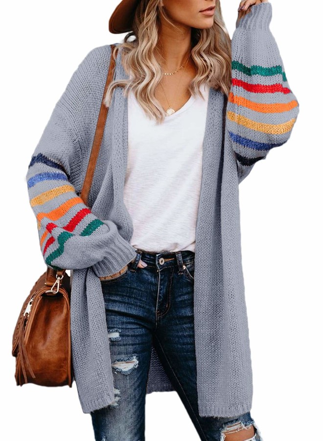 Hormtaer Women's Casual Color Block Open Front Knitted Sweater Long Cardigans Coat with Pockets