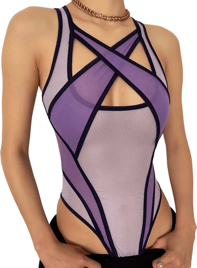 CGGMVCG Tummy Control Bodysuit for Women Fashion Color Block Sleeveless Sexy  Sheer Mesh Cut Out Body Suits (Purple - ShopStyle Shapewear