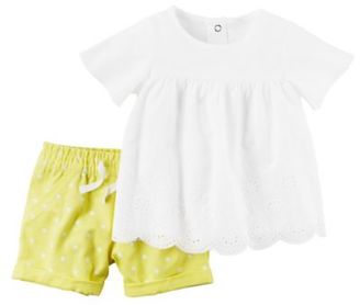 Carter's Size 3M 2-Piece Eyelet Top and Denim Short Set in White/Yellow
