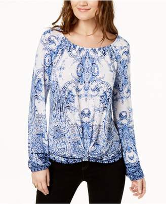 INC International Concepts Printed Knot-Front Blouson Top, Created for Macy's