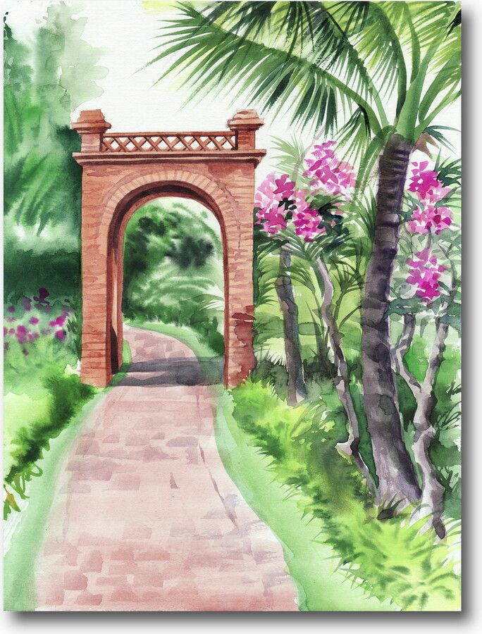 Designart ' Traditional Gate On Path In Tropical Oasis ' Tropical Canvas Wall Art Print