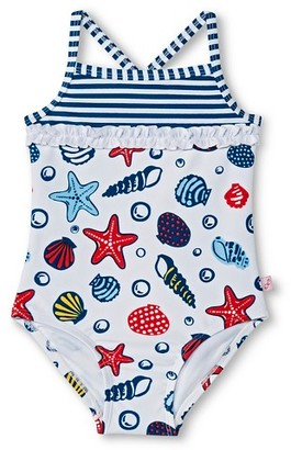 Floatimini Toddler Girls' Seashells and Stripes Ruffled Adjustable One-Piece Swimsuit White