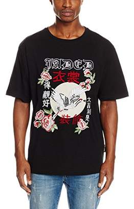 Jaded London Men's Black Tee with Oriental Embroidery T-Shirt, (Size:M)
