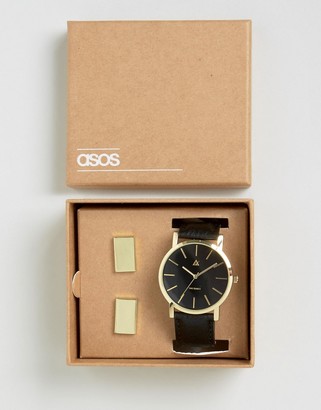 ASOS Watch And Cufflink Set In Black And Gold