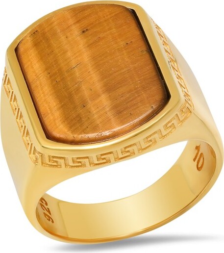 STEELTIME Steeltimemen'sItalian14kgoldplatedsterlingsilverandtigereyeringwithgreekkeyaccents