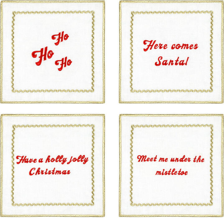 Roumélie Orientale White Embroidered Linen Cocktail Napkin Set Of Four - Christmas Cheer