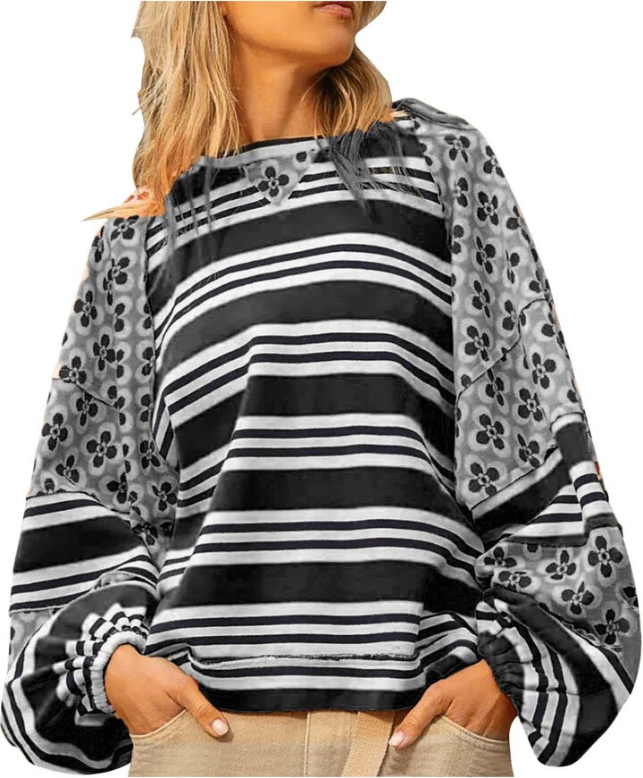 BAVATIMO Oversized Sweatshirt for Women Floral Crewneck Long Sleeve Shirts Graphic Tees Color Block Striped Tops Pullover