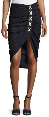 Veronica Beard Marlow Striped Lace-Up Ruched Skirt, Navy