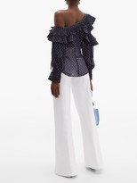 Thumbnail for your product : Self-Portrait Ruffled Off-the-shoulder Dobby Blouse - Navy