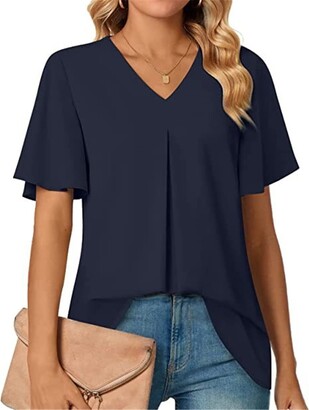 OVOPAN Womens Chiffon Tops Blouse Elegant Short Sleeve Shirts Sale Clearance  T-Shirt for Women Summer Floral Print V Neck Tees Shirt Tunic Top Blue UK  Size 3XL - ShopStyle