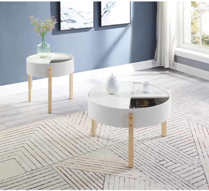 ACME Bodfish Round Wooden Coffee Table with Hidden Storage in White and Natural