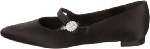 Manolo Blahnik Satin Mary Jane Flats Black Semi-Pointed Toes with Crystal Embellishments Mary Jane Strap Includes Dust Bag Designer