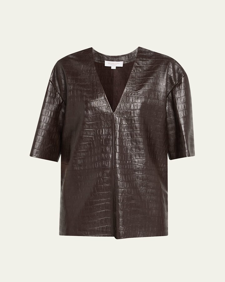 Michael Kors Collection Crocco Leather V-Neck Top