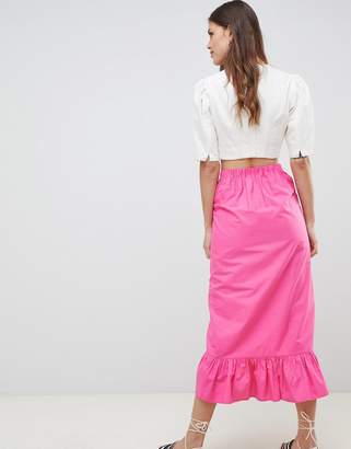 ASOS Design Cotton Midi Skirt With Tie Belt And Ruffle Hem