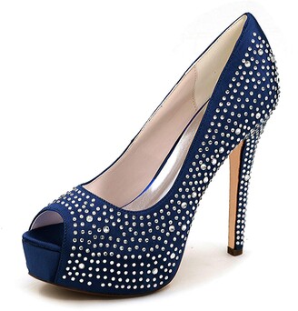 Lgykumeg Ladies high heels with glittering rhinestone sequins platform high heels round toe fish mouth open toe wedding shoes
