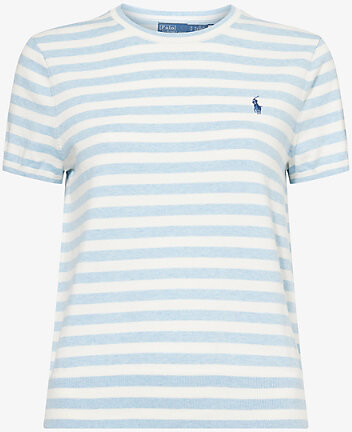Polo Ralph Lauren Womens Blue/White Striped Round-Neck Stretch-Cotton Blend Jumper Xs