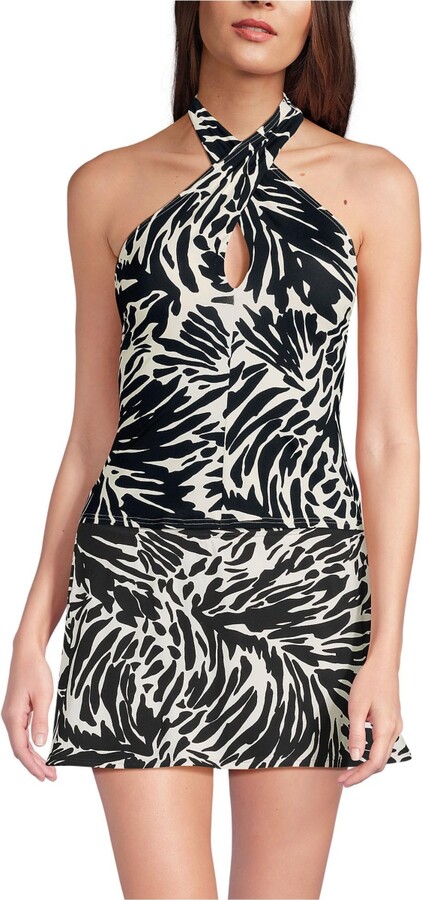 Lands' End Women's Criss Cross Halter Tankini Top - Black/egret white leaf scroll