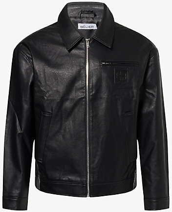 Belier Mens Black Logo-Patch Long-Sleeve Faux-Leather Jacket Xxl