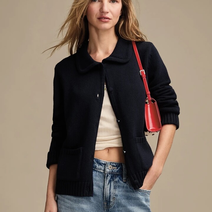 Lucky Brand Collared Button Up Cardigan Sweater - Women's Clothing Tops Sweaters in Cadet Navy