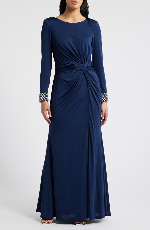Center Knot Beaded Cuff Long Sleeve Jersey Gown