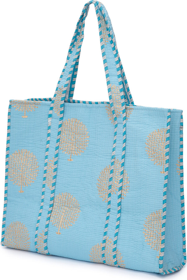 AtLAST Blue / Gold Large Cotton Tote Bag In Baby Blue & Gold