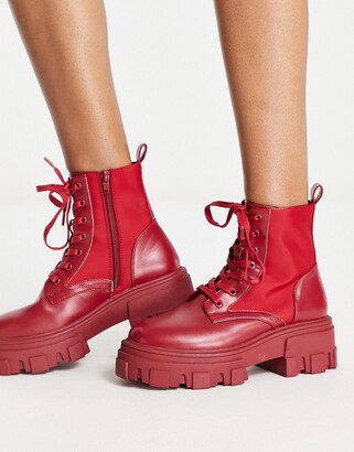 ASOS DESIGN Anya chunky lace up ankle boots in red - ShopStyle