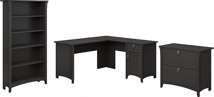 Bush Furniture Salinas 60"W L Shaped Desk with Lateral File Cabinet and 5 Shelf Bookcase, Vintage Black (SAL003VB)