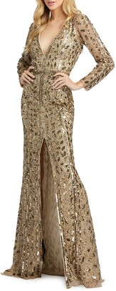 Mac Duggal Beaded V-Neck Long-Sleeve Gown with Slit