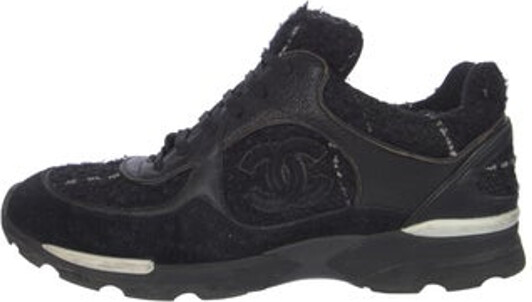 Chanel Tweed Low Top Sneakers From the Pre-Fall 2015 Collection by Karl Lagerfeld Black Interlocking CC Logo & Tweed Pattern Goat Leather Trim Round-Toes Lace-Up Closure at Uppers Includes Box & Dust Bag Designer